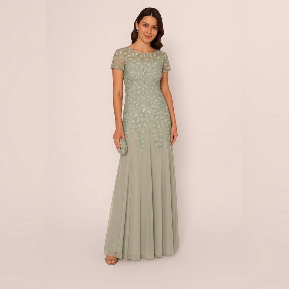 Adrianna Papell Beaded Mesh Gown NWT SZ 12 Formal Evening Dress Sage Green GALA
